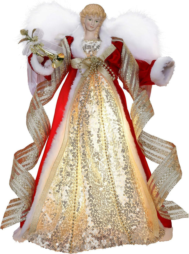 Valery Madelyn Lighted Christmas Tree Topper Angel with Timer, 12 Inch Luxury Red Gold Fabric Small Angel Tree Topper with Lights for Christmas Tree Decoration Indoor, Battery Operated