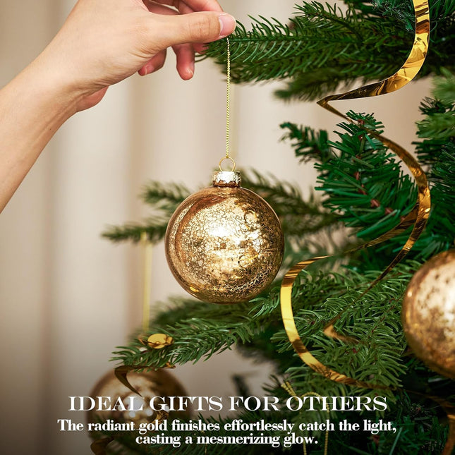 Gold Mercury Glass Ball Christmas Ornaments Set of 12-3.15”Luxurious Xmas Tree Hanging Bulb Decorations for Year Thanksgiving Birthdays Party, Glass Ornaments for Elegant Xmas Halloween Decor
