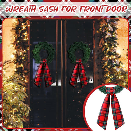 2 Pcs Wreath Sash for Front Door Wreath Sash Wreath Accessories for Embroidery Monogram Outdoor Indoor Party Yard Doorway 4.5 W x 56 L(Red,Plaid)