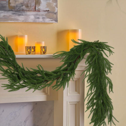 Hananona 2 Pcs Artificial Norfolk Pine Garlands, Real Touch Winter Pine Garland, Green Artificial Greenery Garland for Table, Mantle, Wall, Indoor, Outdoor Christmas Decorations (2, 6 FT)