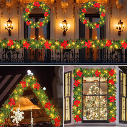 9ft Pre-lit Christmas Garland with Lights,Christmas Garlands for Stairs Railing,Pine Garland with Red Bows and Flowers,Christmas Decoration,Fireplace