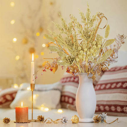 Winlyn 24 Pcs Christmas Artificial Leaf Sprays Pine Needles Pinecone Berries Stems Gold Glittered Christmas Decoration Picks 12.2"- 14.2" Tall for Gold Christmas Tree Seasonal Wreath Holiday Décor