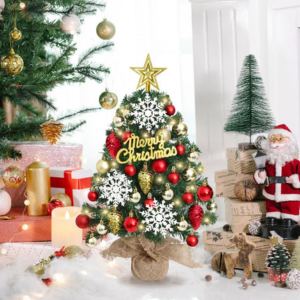 24Inch Mini Table Top Christmas Tree with 30LED Lights Small Christmas Tree with Star Treetop Snowflakes and 30 Ball Ornaments Prelit Desk Christmas Tree for DIY Xmas Tree Christmas Decor