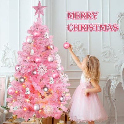 34 Pieces Christmas Tree Decorations Include 4 ft Artificial Christmas Tree with Metal Feet, String Lights, 31 Small Accessories for Home Christmas Party Decoration (Pink)