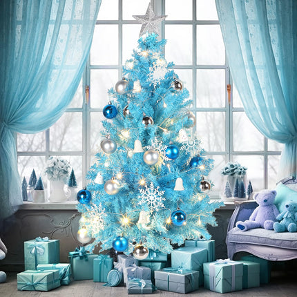 34 Pieces Christmas Tree Decorations Include 4 ft Artificial Christmas Tree with Metal Feet, String Lights, 31 Small Accessories for Home Christmas Party Decoration (Pastel Blue)