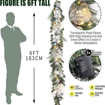 Pre-lit 6 feet Winter White Silver Christmas Garland Decor 20 LED Lights,Garland with Balls and Ribbon Bow,Xmas Decoration on Mantle Fireplace Front Door Indoor Outdoor,Battery Operated