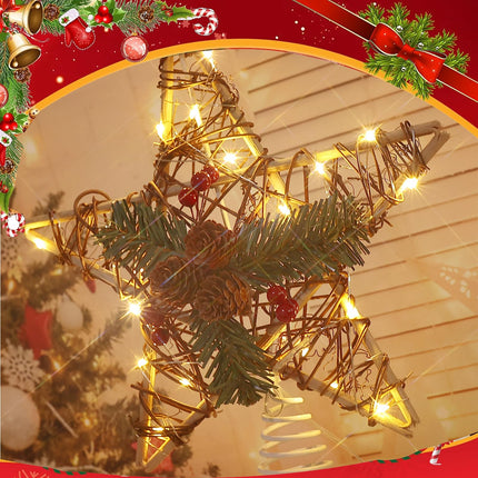 Rattan Christmas Star Tree Topper, 11.8" Natural Pinecone Christmas Tree Topper with 20 LED Lights Star, Tree Toppers Christmas Decorations for Christmas Tree Indoor Rattan Natural Xmas Decorations