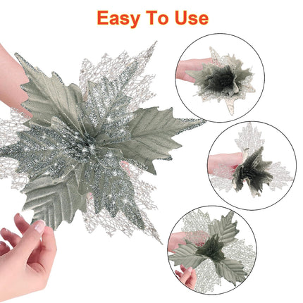 10'' Large Christmas Glitter Poinsettia Flowers Decorations, 10 Pcs Christmas Tree Picks Ornaments Artificial Flowers with Long Stems for Xmas Tree Wreath Garland Wedding Party DIY Holiday Decor