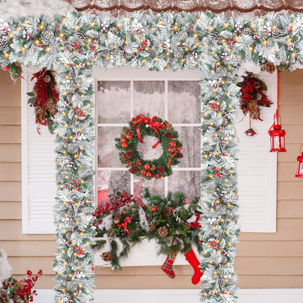 9FT Christmas Garland Decoration, Battery Operated Lighted Prelit Garland with Timers Pine Cones Berries Lush Branches, Snowy Xmas Garland for Mantle, Stairs, Fireplace, Outdoor, Party, Home Decor