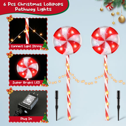 Lollipop Christmas Pathway Lights Outdoor, 6 Pack 29 Inch 160 LED Pathway Markers Lights with Stakes, Lighted Candy Cane with 8 Light Modes for Xmas Walkway Decor (Red and White)