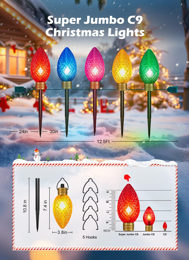 Minetom 11Feet 5 LED Super Jumbo Strawberry Christmas String Lights or Pathway Marker Lights, Outdoor Xmas Decorations, Jumbo C9 Hanging Lights Waterproof Lawn Dec for Holiday Tree Roof Yard Garden