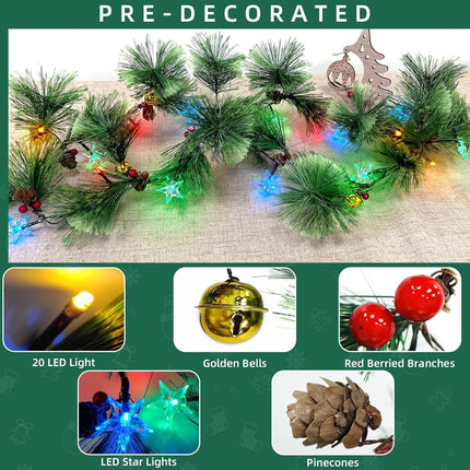 6FT Dual Color Changing Smokey Christmas Garland with Lights Timer 8 Mode, Prelit Natural Rustic Cedar Pine Garland with Warm White & Colorful Lights Pine Cones Berry Bell for Mantle Fireplace Stairs