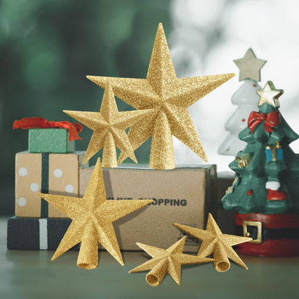 Hiboom 6 Pcs Christmas Tree Star Topper Mini Lightweight Small Glitter Xmas Tree Topper Christmas Tree Decoration for Christmas Tree Ornaments Holiday Indoor and Outdoor Treetop Decoration (Golden)