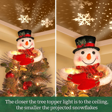 Christmas Snowman Tree Topper Projector, Lighted 3D Snowman Hat with Rotating LED Snowflake Projection, Unique Holiday Tree Decoration for Christmas Party, Home Festive Décor