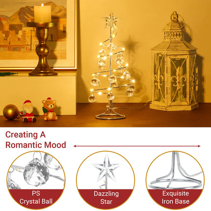 Shinowa Christmas Tree Lamp, Crystal Spiral Christmas Tree with Glittering Star, 10 Inch Battery Operated Silver Christmas Tree Light with Metal Stand for Christmas Table Decoration, Silver