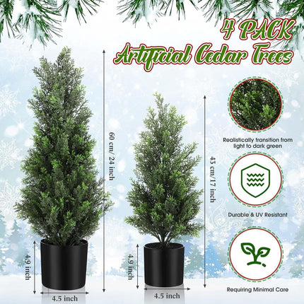 Riceshoot 4 Pcs Artificial Topiary Trees Artificial Cedar Trees UV Resistant Potted Faux Trees Plants Fake Shrub Trees Plastic Green Pine for Porch Garden Office Front Door Indoor Decor (1.5ft,2ft)