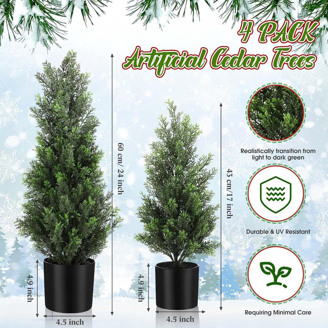 Riceshoot 4 Pcs Artificial Topiary Trees Artificial Cedar Trees UV Resistant Potted Faux Trees Plants Fake Shrub Trees Plastic Green Pine for Porch Garden Office Front Door Indoor Decor (1.5ft,2ft)