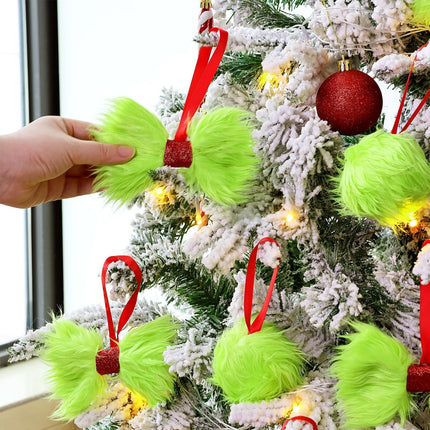 Christmas Decorations Indoor: 12pcs Green Plush Faux Fur Christmas Tree Ornaments, Fluffy Grinchmas Hanging Bows Xmas Ball Ornaments for Tree Garland Fireplace, Home School Office Décor