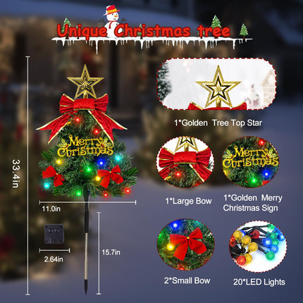 4 Pack Solar Christmas Tree Pathway Lights Outdoor Decorations Waterproof Artificial White Mini Xmas Tree Stake Lights with DIY Ornamets for Garden Yard Decor (Green)