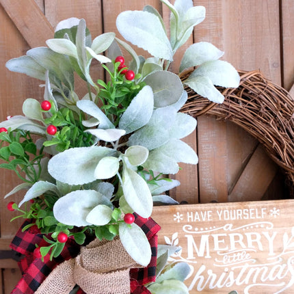 Bibelot Christmas Grapevine Wood Sign Wreath Flocked Ear Leaves and Holly, Rustic Christmas Wreath Farmhouse Front Door Wreath, Winter Front Door Christmas Sign Wreath with Leaves and Berry Wreath