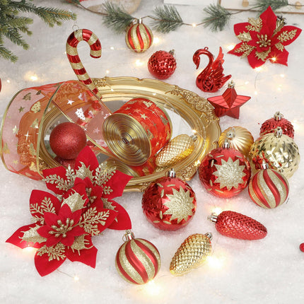 128pcs Christmas Balls Ornaments Set, Shatterproof Plastic Baubles Christmas Flowers, Ribbon and Tree Topper for Xmas Tree Holiday Wedding Party Decorations with Hanging Strings, Red and Gold