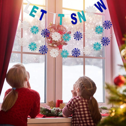 3 Pieces Let It Snow Banner, Glitter Winter Snowflake Garland Banner, White Blue Snowflake Hanging Ornaments for Christmas Holiday Party Decorations Year Festive Frozen Party Supplies