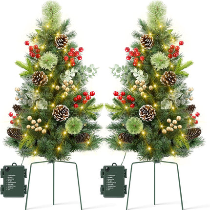 Hatisan Set of 2 30" Outdoor Pathway Christmas Trees, Battery Operated Christmas Tree with 60 LED Lights Berries Pine Cones Eucalyptus Stems, Outdoor Christmas Trees for Porch Garden Yard Driveway