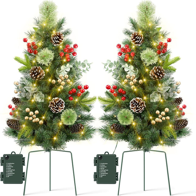 Hatisan Set of 2 30" Outdoor Pathway Christmas Trees, Battery Operated Christmas Tree with 60 LED Lights Berries Pine Cones Eucalyptus Stems, Outdoor Christmas Trees for Porch Garden Yard Driveway