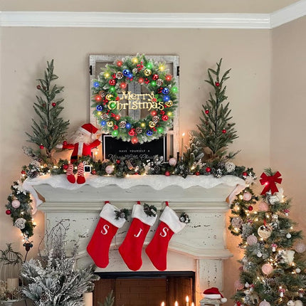24 Inch Christmas Wreath with 50 LED Lights, Artificial Christmas Wreath for Front Door with Pine Cones Berry 8 Modes Battery Operated Christmas Wreath for Windows Fireplace Outdoor Xmas Decor