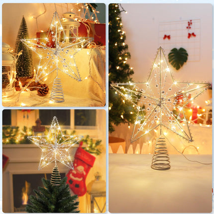 Silver Christmas Tree Topper Star with 20 Pure White LED Lights and Pearl Beads, Remote Control Star Tree Topper for Christmas Tree Decorations and Xmas Holiday Décor, Battery Required