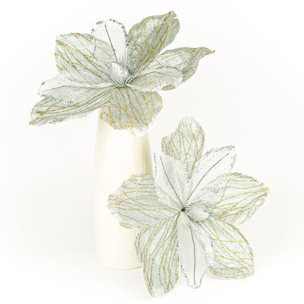 10" Velvet Poinsettias Artificial Christmas Flowers, 6pcs Large Glitter Christmas Poinsettia Picks, Floral Stems for Christmas Tree Wreath Garland Decorations DIY Ornaments (Silver)