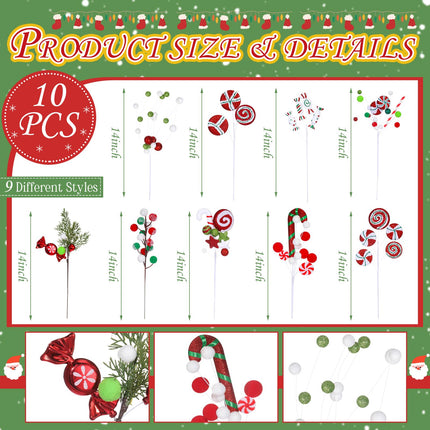 Lyrow 10 Pcs Christmas Tree Picks Christmas Candy and Lollipop Pick Christmas Tree Picks Decoration Lollipop for Xmas Tree Topper Decor Vase Filler Craft Wreath Holiday Party Ornament (Cute)