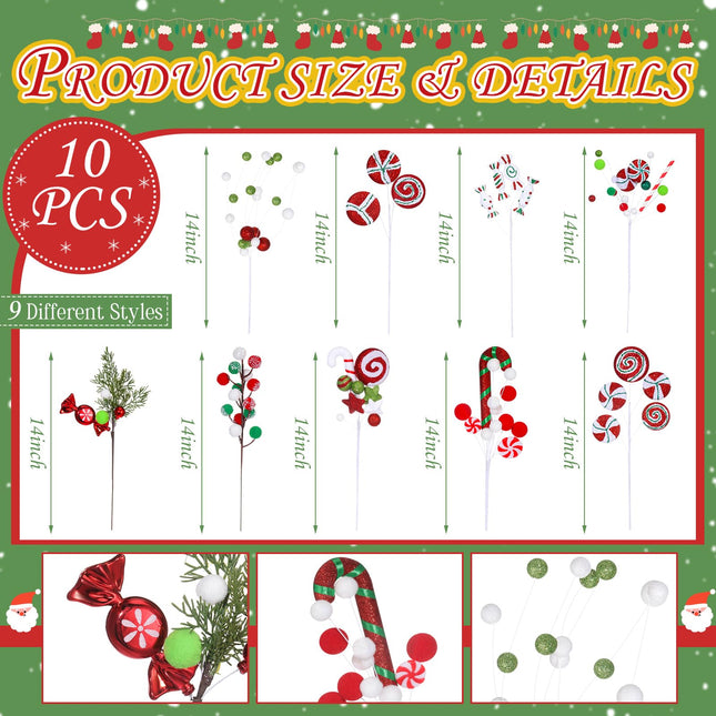 Lyrow 10 Pcs Christmas Tree Picks Christmas Candy and Lollipop Pick Christmas Tree Picks Decoration Lollipop for Xmas Tree Topper Decor Vase Filler Craft Wreath Holiday Party Ornament (Cute)