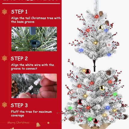 DDHS Small Flocked Christmas Tree,4ft Prelit Tabletop Christmas Tree, with 100 Lights, Ornaments Balls, Pine Cones Red Berries, Easy to Assemble Perfect for Holiday Christmas Home Decor