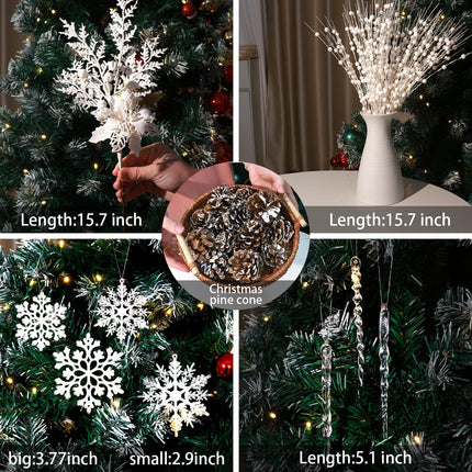 84 Piece Christmas Tree Ornaments Set, Christmas Glitter Berries Stems Poinsettia Flower Artificial Snowflake Icicle Drop - Christmas Decoration DIY Xmas Wreath Holiday Home Party Decor (White)