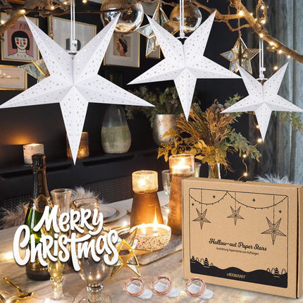 HOUÍSM Paper Star Lantern with 3PCS Fairy String Lights(30LED/1.5M), 3PCS White Star Moon Cut-Out Paper Star Lantern with 3 Sizes- 30/40/50cm for Indoor Outdoor Room Wedding Christmas Party Decor