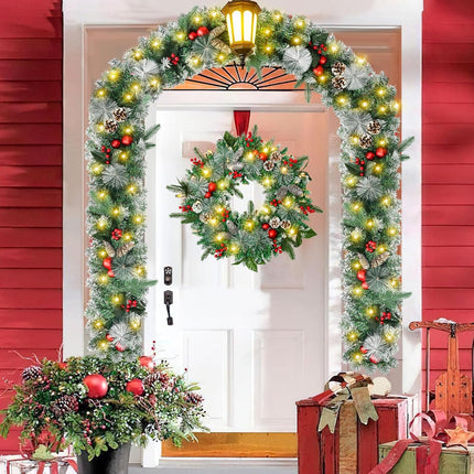TechKen 9 FT Christmas Garland with Lights, Artificial Prelit Pine Cones Garland with Red Berries Indoor Outdoor for Christmas Stairs Railing Fireplace Front Door Decor