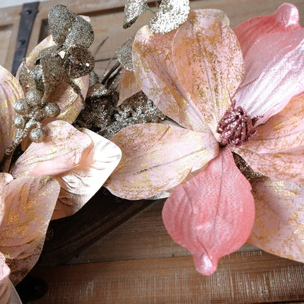 Idyllic 18 Inch Winter and Christmas Magnolia Flowers Gold Glitter Wreath for Home and Front Door Decor, Pink and Gold Magnolia Flower Wreath for Indoor