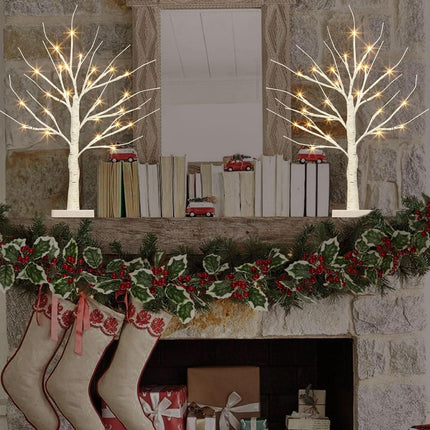 EAMBRITE Birch Tree with Led Lights, White Christmas Decorations Indoor with Timer, Lighted Mini Small Artificial Lamp Prelit Twig Tree Battery Operated for Table Centerpiece Home Decor 2Pack