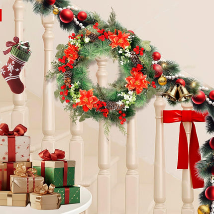 QBA 20 Inch Christmas Wreath for Front Door, Handmade Artificial Wreath with Red Poinsettias Pine Cones Berry Pine Needles for Fireplace Windows Staircase Wall Indoor Outdoor Xmas Decor