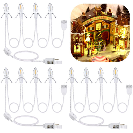 Meonum 3 Pack Accessory Cord with 4 LED Light Bulbs, 9.8 ft Christmas Village Light Cord with Female Plug, C7 Light Cord with Switch for Christmas Halloween Blow Mold Holiday Decor, Warm White Light