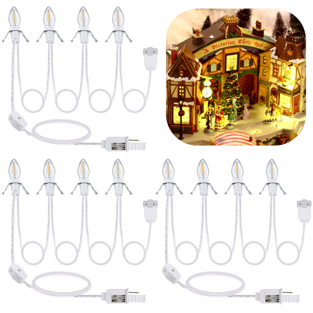 Meonum 3 Pack Accessory Cord with 4 LED Light Bulbs, 9.8 ft Christmas Village Light Cord with Female Plug, C7 Light Cord with Switch for Christmas Halloween Blow Mold Holiday Decor, Warm White Light