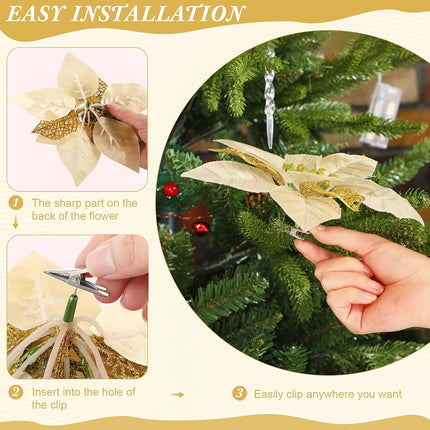 30 Pieces 8 Inches Large Christmas Artificial Poinsettia Flower Christmas Tree Glitter Faux Flowers Floral Wreath Garland Xmas Tree Ornaments for Wedding Holiday Wreath DIY (Red, Gold, Silver)