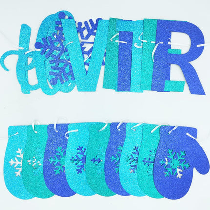 Glitter Hello Winter Banner with Snowflake Signs and Blue Glittery Gloves Banner Winter Snowflake Garland Banner Christmas Holiday Winter Wonderland Birthday Baby Shower Party Mantle Decorations