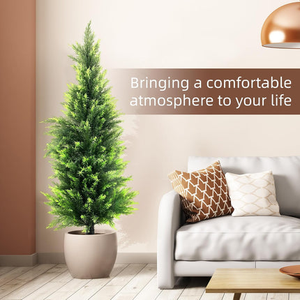 KOL 4FT 2-Pack Artificial Cedar Topiary Trees UV Resistant Potted Shrubs Fake Plants, Faux Pine Tree Plant for Home Office Garden Front Porch Patio Indoor Outdoor Party Wedding Christmas Decor