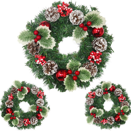 3 Pcs 9.5 Inch Small Christmas Wreath Mini Christmas Door Wreath with Ball Frosted Pinecone Berried Holly Christmas Decorations for Indoor Window Wall Stairs Room Home Office Decor Kitchen