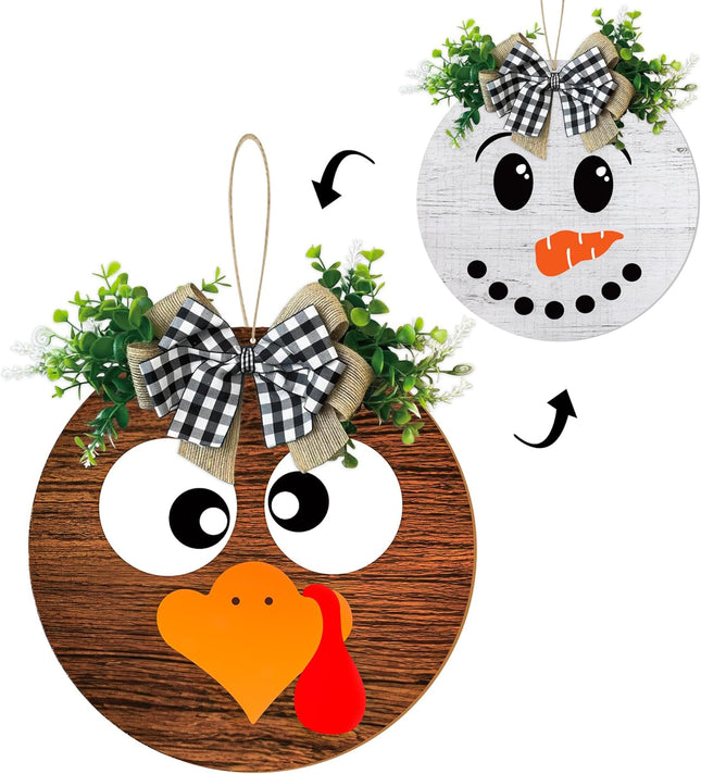 Thanksgiving/Winter Hanging Door Sign, Turkey/Snowman Reversible Door Wreath Hanging Decorations for Front Door Farmhouse Thanksgiving/Winter/Christmas Decorations Indoor Outdoor