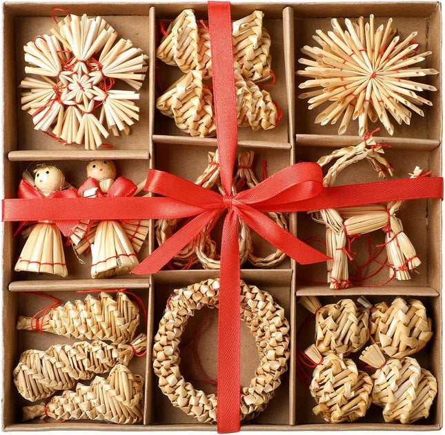 Gerrii Straw Ornaments Set Scandinavian Christmas Decorations Including Stars Snowflakes Hearts Angel Wreath Goats/Julbuck for Danish Norwegia Nnordic Christmas Tree (Vivid,27 Pcs)