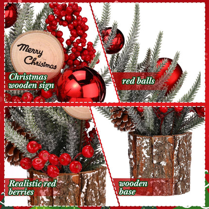 Zhehao 12'' Small Christmas Tree Artificial Mini Tabletop Christmas Tree Decorations with Red Ball Red Berry Pine Cone Greenery Wood Signs Portable Christmas Decor for Party Holiday Fireplace