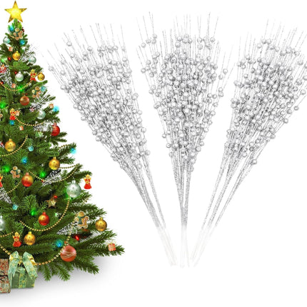 12 Pack Silver Christmas Tree Decorations, 16" Glitter Berry Stems Ornaments, Christmas Picks Sticks for Christmas Tree Topper Filler Vase DIY Home Decor